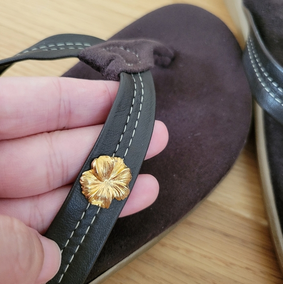 ISLAND SLIPPER HAWAII - CHOCO BROWN LEATHER HIBISCUS THONG FLIP FLOP SANDAL SZ 7 - Picture 6 of 7